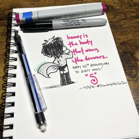 same drawing, but it's shown on the small sketchbook page i drew it on. my tombow mono mechanical pencil, black sharpie marker and fuchsia copic marker (the only copic i have!) surround the drawing.