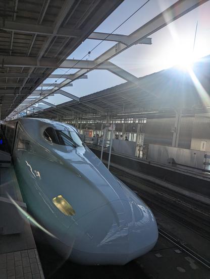 A striking, low-angle photo of the distinctive, aerodynamic nose of a white Japanese N700 Shinkansen bullet train stopped at a covered platform. The sun is shining brightly from the upper right, creating a lens flare and casting a harsh shadow over the platform, highlighting the train's smooth, futuristic shape.