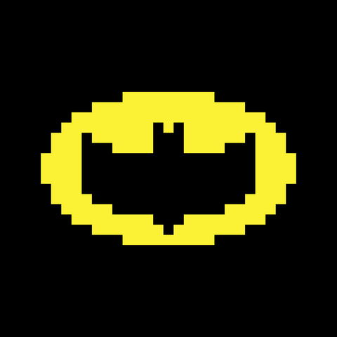 A pixel art image of the Batman logo on a black background.