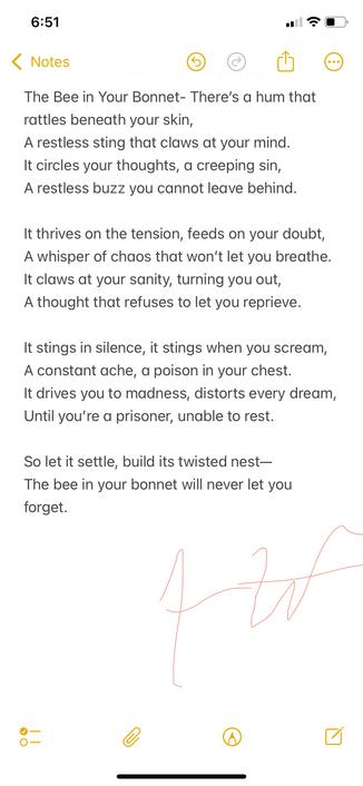 A poem about the hum of anxiety—the sting that never leaves and the thoughts that won’t rest.

The Bee in Your Bonnet
There’s a hum that rattles beneath your skin,
A restless sting that claws at your mind.
It circles your thoughts, a creeping sin,
A restless buzz you cannot leave behind.

It thrives on the tension, feeds on your doubt,
A whisper of chaos that won’t let you breathe.
It claws at your sanity, turning you out,
A thought that refuses to let you reprieve.

It stings in silence, it stings when you scream,
A constant ache, a poison in your chest.
It drives you to madness, distorts every dream,
Until you’re a prisoner, unable to rest.

So let it settle, build its twisted nest—
The bee in your bonnet will never let you forget.