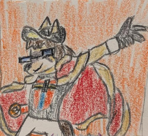 Color pencil drawing of Eli Norainu, an anthro dog man, my main OC, cosplaying as Leon from Pokemon Sword and Shield. The pose is based on some official art.