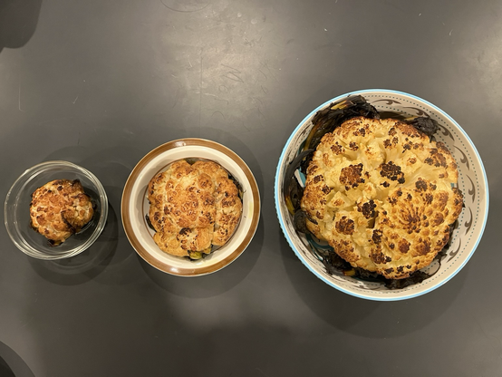 Three roasted cauliflowers: small (~2.5” in diameter), medium (~4.5”), and large (~7”)