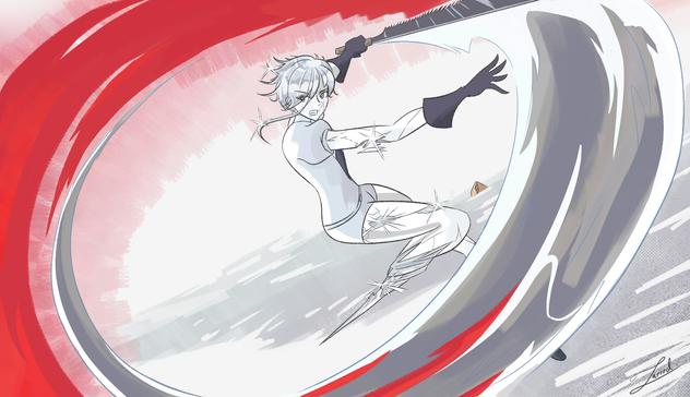 Antarcticite from Houseki no Kuni/Land of the Lustrous fighting in the snow, while Phospophyllite is trapped inside the golden alloy. The sword swipe flashes red as to incite danger that is coming for the two gems.