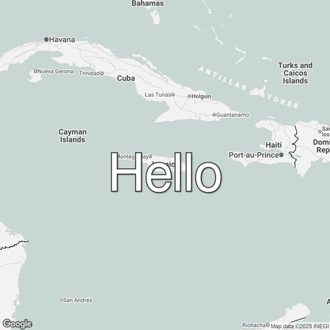 Map of Jamaica overlaid with a translation of the word "hello": Hello.