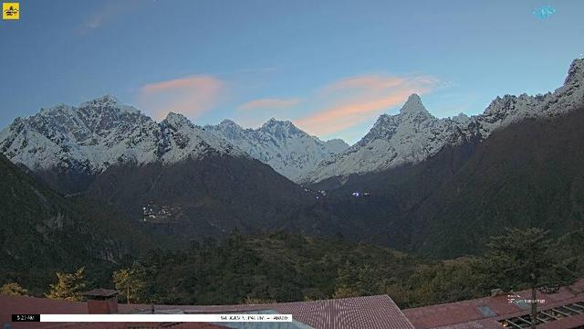 A wide view of several mountains, from left:

- Taboche (6,500 meters/21,325 feet)
- Mount Everest (8,848 meters/29,032 feet)
- Lhotse (8,516 meters/27,939 feet)
- Ama Dablam (6,814 meters/22,355 feet)