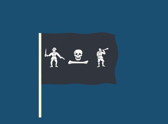 A randomly generated pirate flag. Elements of the flag may include skeletons, skulls, pirates, crossed bones, hourglasses, hearts, and swords.