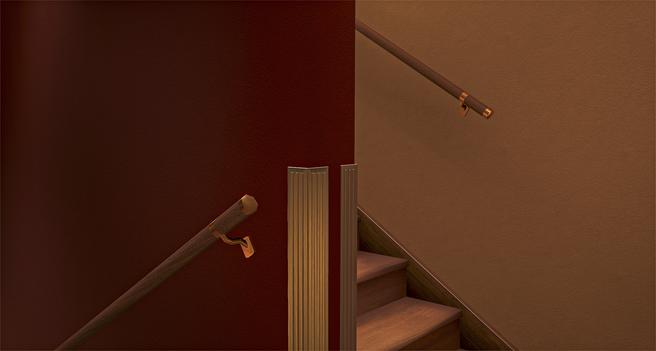 The ends of two railings on a staircase, in The Great Pug.