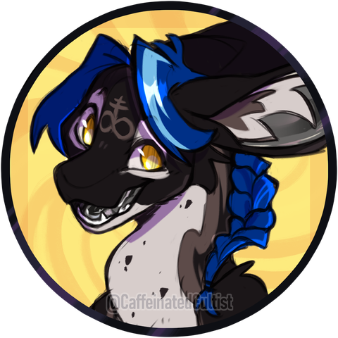 Digital art of a alien amphimorpho with blue hair, and yellow eyes, smiling at the camera. Character has the mark of leviathan stamped on its forehead.

Artwork by, CaffeinatedCultist
Amphimorpho species belong to, Tuxedodragon