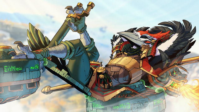 Digital art of a woodpecker Rito (anthro bird) reclining on a flying bike made of ancient Zonai technology, powered by a flaming statue head at the back which he is leaning against. He looks content and very pleased with himself, his wing-arms folded behind his head and one foot lifted onto the handlebars, steering the vehicle. A distant landscape is visible in the background.