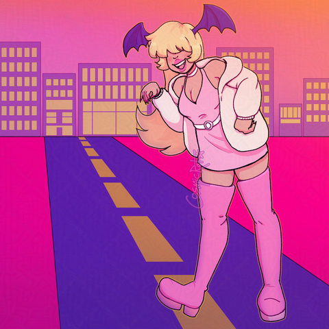 Digital drawing of a character in a pink outfit with a white coat worn off the shoulders. A big smile on their face with blonde hair and bangs that cover their eyes and purple bat wings coming out of their head. Posed in front of a pink city landscape at sunset.