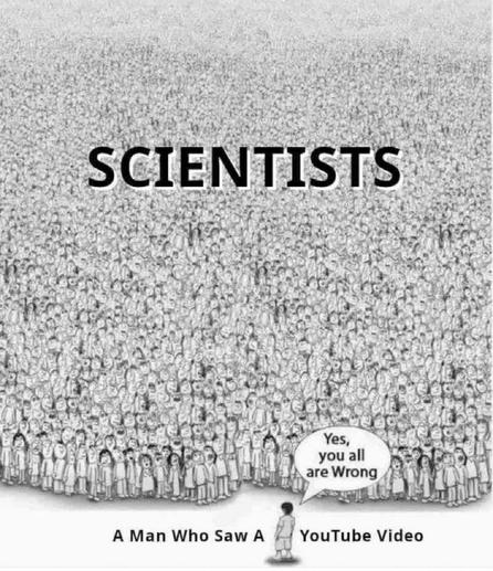 A cartoon depicting a large crowd of scientists in front of a single man, who claims, "Yes, you all are wrong," suggesting skepticism towards established knowledge after watching a YouTube video.