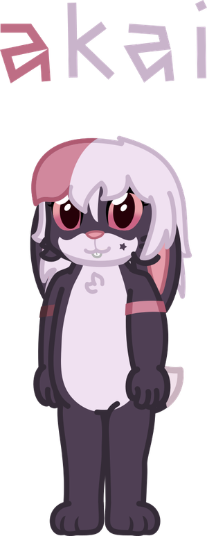 a small anthropomorphic rabbit named akai, she has black fur with a white underbelly and chin. her hair is white, with a pink highlight to it