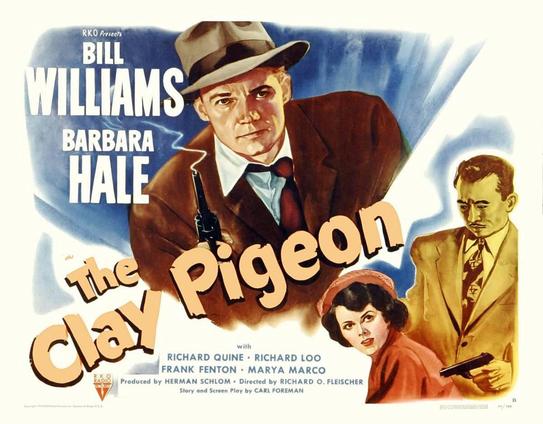 A man looking out at the viewer, holding a smoking gun. Other image: a man holding a gun to a woman's back.