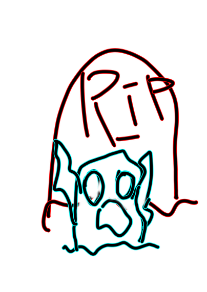 Simple doodle of a curved tombstone that says rip with a simple ghost doodle with noodle arms coming out of the ground. The tombstone is black lined with red outline and ghost has black line with cyan/blue outline