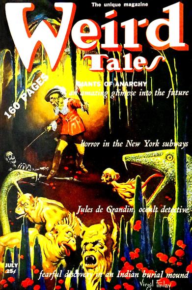 IN the background a man in Renaissance-era clothing holds a torch in one hand and a rapier in the other as he explores a cave. A skeleton is at his feet and various dinosaur and gargoyle creatures are in the foreground.
Weird Tales magazine cover from 1939.