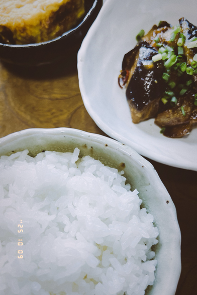 The eggplant dish and a cup of plain rice.