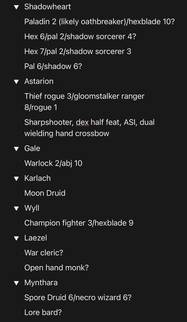 A list detailing character builds and class levels for a role-playing game, including characters like Shadowheart, Astarion, Gale, Karlach, Wyll, Laezel, and Minthara, with various class combinations and levels noted.