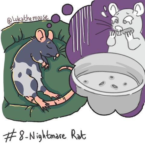 Drawing of a sleeping rat on a bed. They're having a nightmare and look sad. They have a thought bubble showing their nightmare: they are standing in front of an empty food bowl.