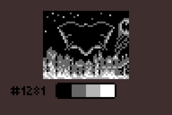 Pixel art in four colors showing Batman gliding over the nighttime cityscape of Gotham, brightly lit from the streets below. Batman's cape wings are fully outstretched. In the distance to one side you can see the bat signal being projected into the sky.