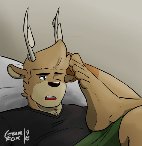 Axel Icerov, an anthro deer, he's sitting, barefoot