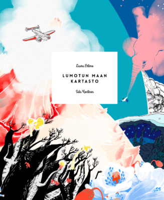 Lumotun maan kartasto -kirjan kannessa on piirros lentokoneesta lentämässä taivaalla puiden, kukkien ja vuorten yllä.