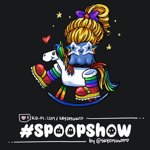 A cute ghostie as rainbow brite, instead of a big lovely horse she is on top of a toy wooden horse. Also big boots, even if ghosties dont have legs or feet so it's kind of silly and funny. A lot of rainbow and bright colors with this one spoopshow doodle