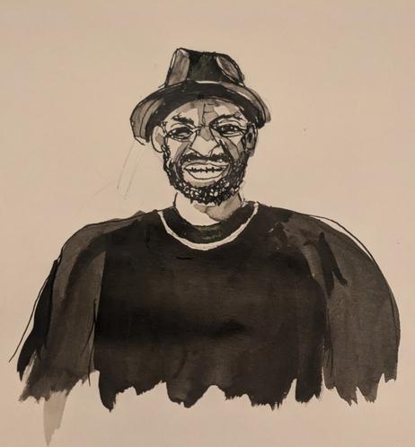 A Portrait in black ink. Roger wears a hat, a black T-Shirt, a silber Chain and he smiles