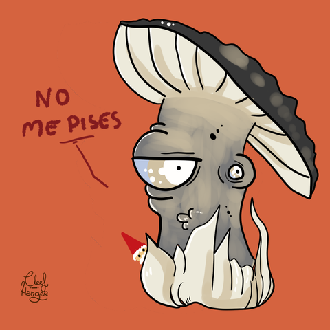 Grey and brown mushroom with a big eye and a tini one that is hiding in its behind a gnome with red hat and white hair. The gnome says dont step on me.