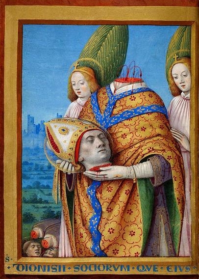 Illuminated manuscript of the Horae ad usum Parisiensem (Book of hours for Parisians), or "Book of Hours of Charles VIII" King of France (1468 - 1498). The folio shows Saint Denis, first bishop and patron of Paris, walking with his head in his hands after his execution. Today is the feast day of Saint Denis.