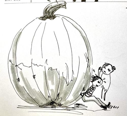 Quick sketch of two tiny figures, one of them is trying to push a giant pumpkin out of the way.
