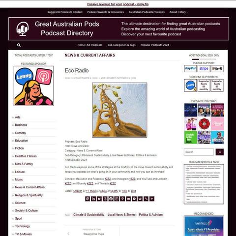 Eco Radio
Screenshot of the podcast listing on the Great Australian Pods website