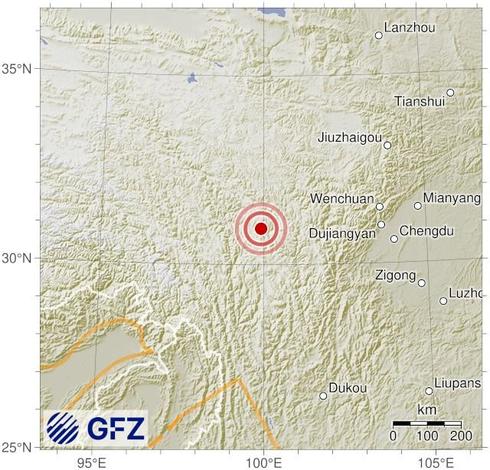Map showing the earthquake of 2025-10-09 in Sichuan, China