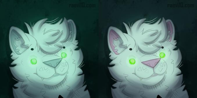 an anthro white cat staring stupidly at the viewer with reflective green eyes, theres two versions one in the dark and one in night vision