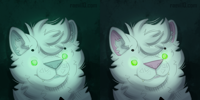 an anthro white cat staring stupidly at the viewer with reflective green eyes, theres two versions one in the dark and one in night vision