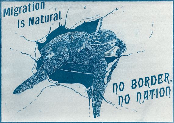 Vintage-style cyanotype with a green sea turtle breaking through the paper. A text reads "Migration is Natural, no Border, no Nation"