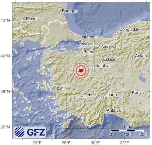 Map showing the earthquake of 2025-10-08 in Türkiye