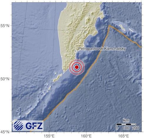 Map showing the earthquake of 2025-10-08 in Off East Coast of Kamchatka
