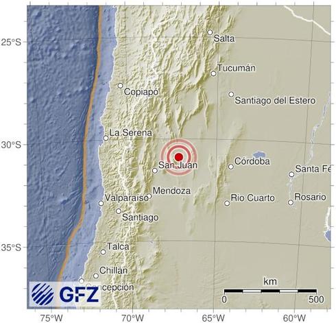 Map showing the earthquake of 2025-10-09 in San Juan Province, Argentina