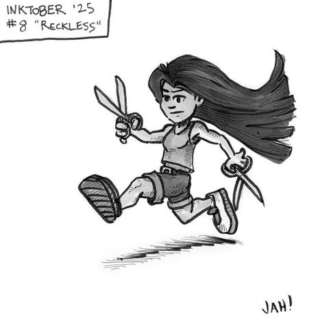 Inktober 2025 illustration for prompt #8, "RECKLESS". The illustration depicts a woman running with scissors.