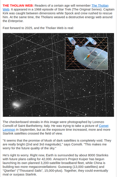 An screenshot of an article from spaceweather.com including an image of a comet in the night sky where the image of the comet and stars  is crisscrossed with trails of satellites in an image reminiscent of a star trek episode where the enterprise is held in space by a 'web' created by aliens.