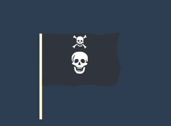 A randomly generated pirate flag. Elements of the flag may include skeletons, skulls, pirates, crossed bones, hourglasses, hearts, and swords.