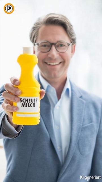 !B Ex-Verkehrsminister Andreas Scheuer hält Scheuermilch in die Kamera, KI-generiert