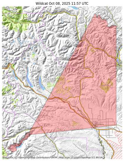 Visual map representation of the Wildcat wildfire, showing the perimeters of the 15592.0 acre fire on a map.
