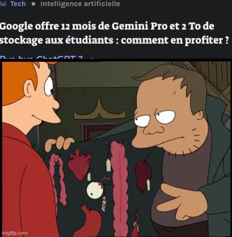 meme 

En haut : capture d'écran titre de presse :  Google offre 12 mois de son ai Gemini Pro aux étudiants

En dessous :
image extraite de Futurama Fry va acheter des trucs chez un dealer.