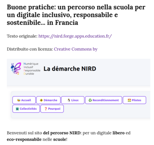 Buone pratiche: un percorso nella scuola per un digitale inclusivo, responsabile e sostenibile... in Francia 

La démarche NIRD
Numérique
Inclusif
Responsable
Durable

Benvenuti sul sito del percorso NIRD: per un digitale libero ed
eco-responsabile nelle scuole!