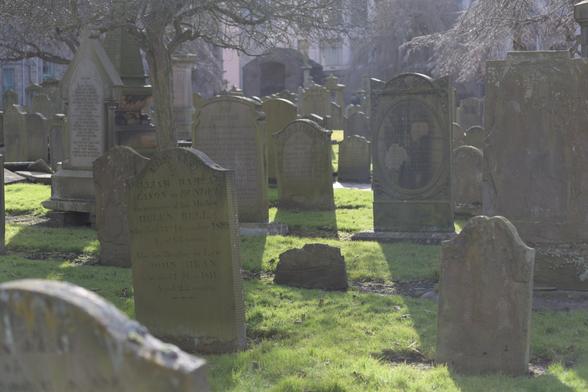 Picture of a cemetery with many old gravestones, some tilted. The sun is coming from the background, casting ray of lights between the graves