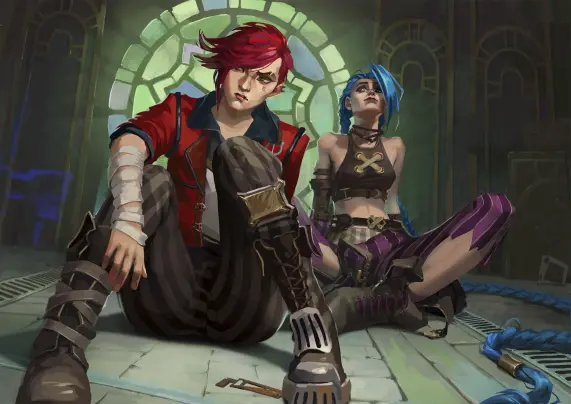 Vi and Jinx sitting on the floor beside each other next to a green stained glass window.