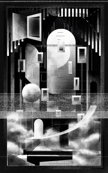A black and white abstract illustration featuring geometric architectural forms. A large central archway dominates the composition, surrounded by floating rectangular frames of varying sizes. A spherical shape stands on a thin stem in the lower left area, while soft clouds or mist occupy the bottom. The image includes gradients of light and shadow, creating depth and a sense of space reminiscent of a surreal interior or stage-like environment.