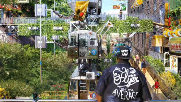 A digital collage showing an urban street intersection transformed into a lush, green wetland environment with floating structures, vegetation-covered buildings, and futuristic transportation elements integrated into the landscape.