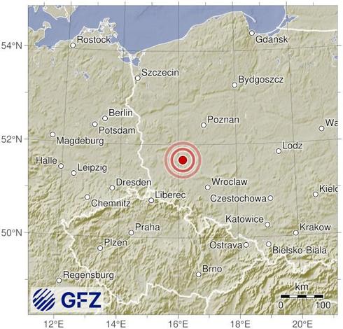 Map showing the earthquake of 2025-10-09 in Poland